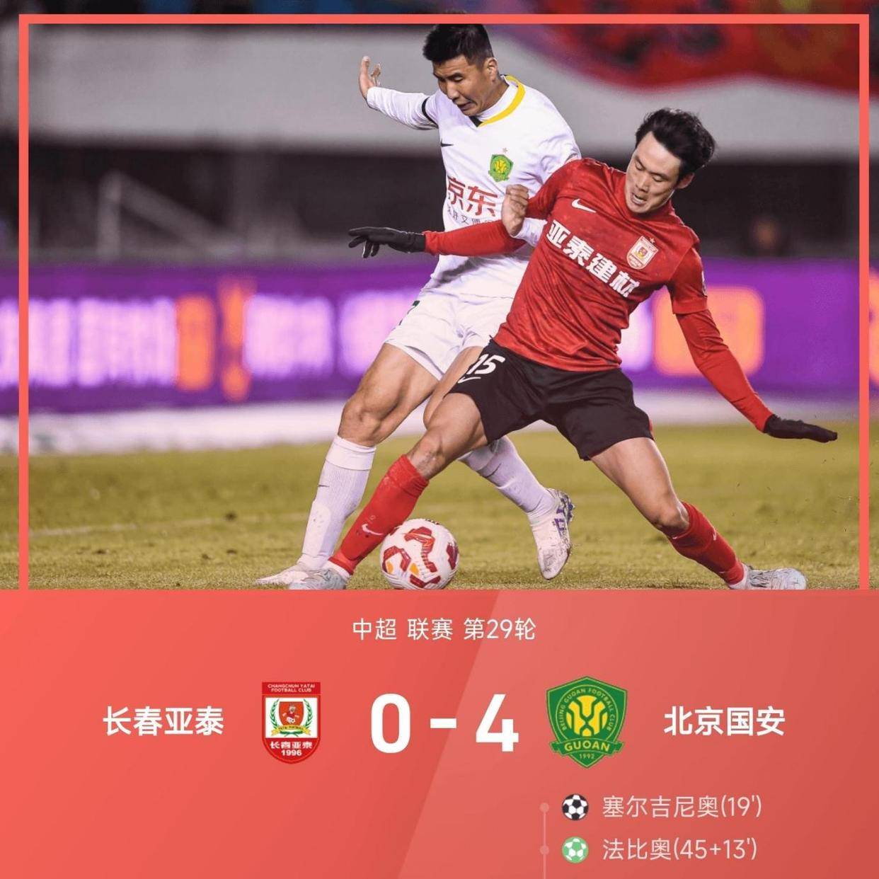 国安取胜亚泰，继续领跑积分榜